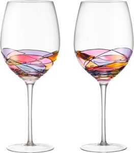 Red Wine Glasses Set of 2 Hand Painted Designed with Strong Presence by DAQQ, Inspired , Unique Gift for Wine Enthusiast